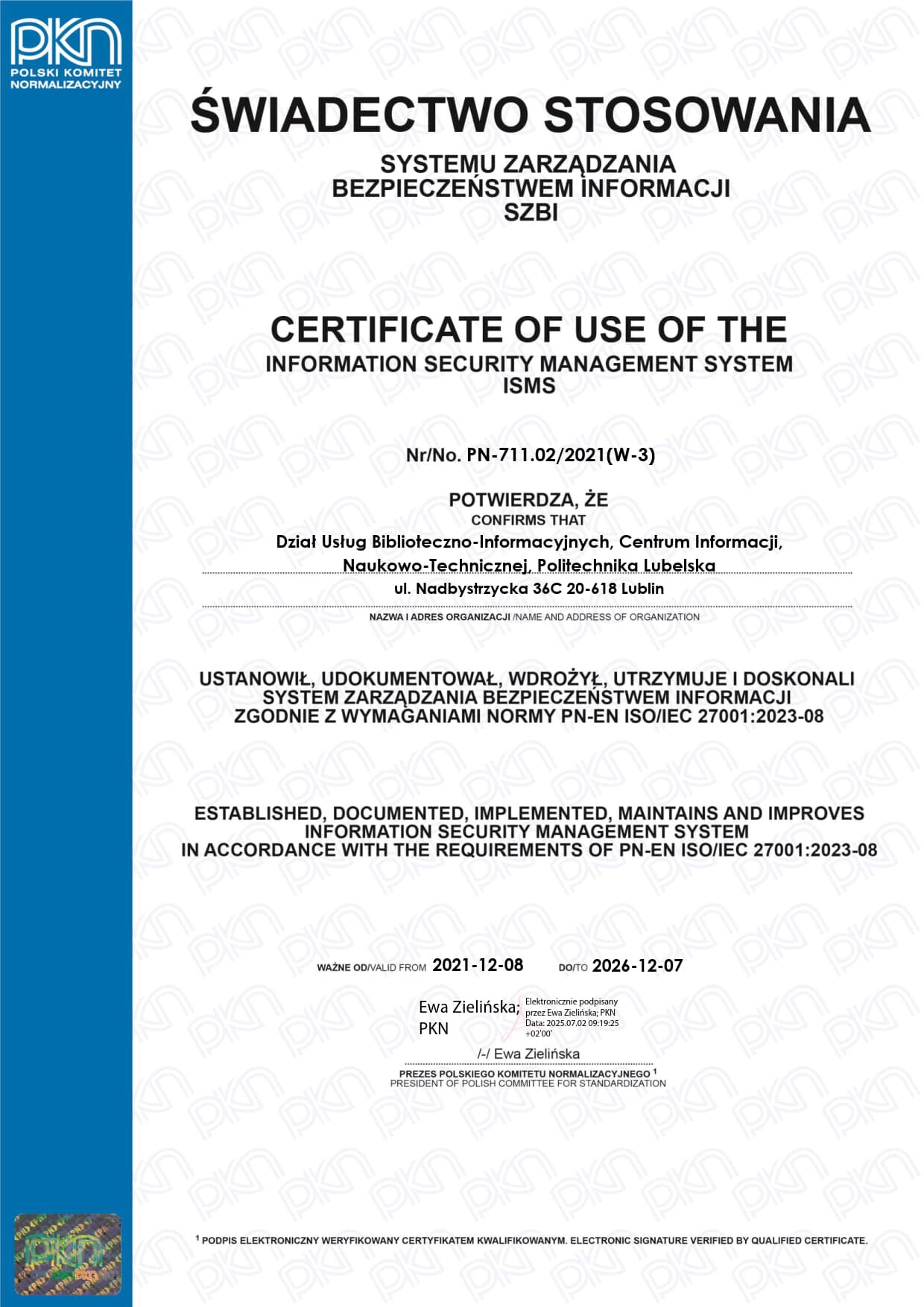 Świadectwo stosowania SZBI PKN