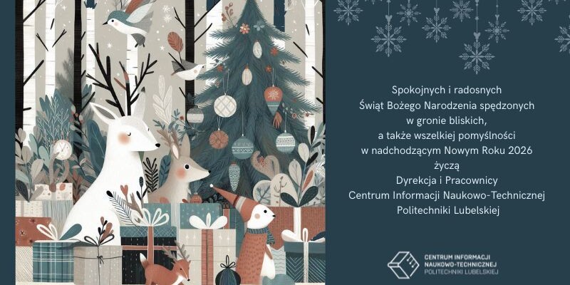 Grafik (choinka, jelonek, prezenty) i życzenia świąteczne