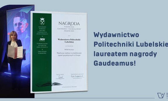 Grafika ze zdjęciem monografii nagrodzonej w konkursie oraz zdjęciem przedstawicielki WPL odbierającej nagrodę