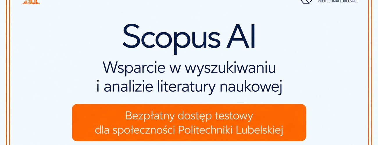 grafika z informacją o bezpłatnym dostępie do Scopus AI, logotypy Elsevier i CINT na górze i dole slajdera, kolorystyka: szaro - pomarańczowa 