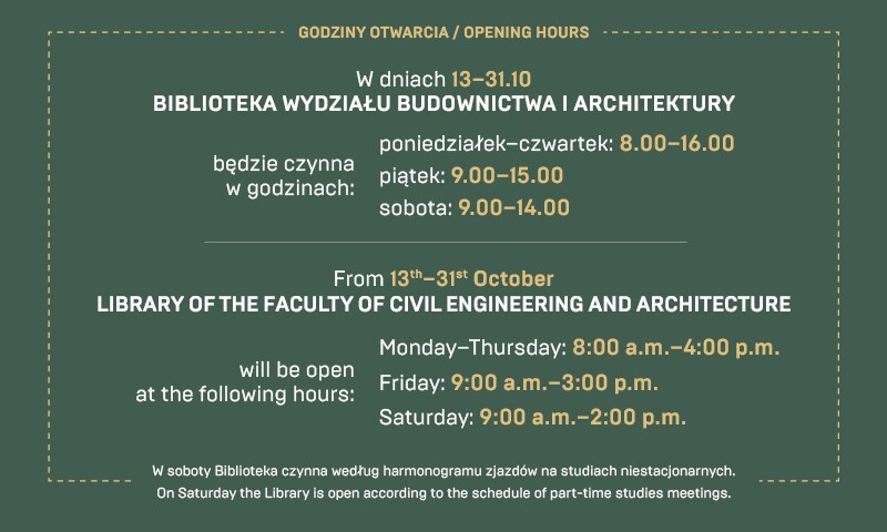 Godziny otwarcia Biblioteki WBiA w dniach 13 – 31.10.2025