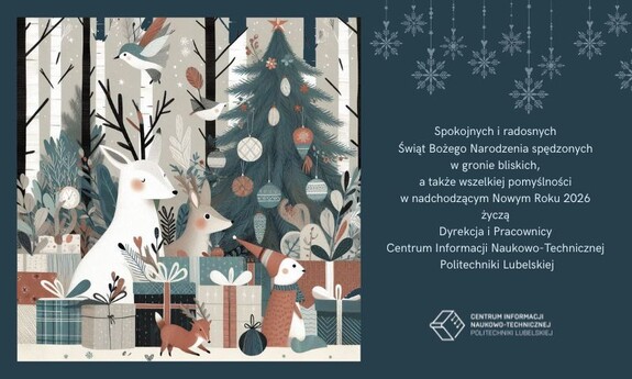 Grafik (choinka, jelonek, prezenty) i życzenia świąteczne