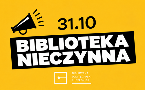 grafika w intensywnych barwach (żółte tło i czarne napisy) o zamknięciu biblioteki 31.10