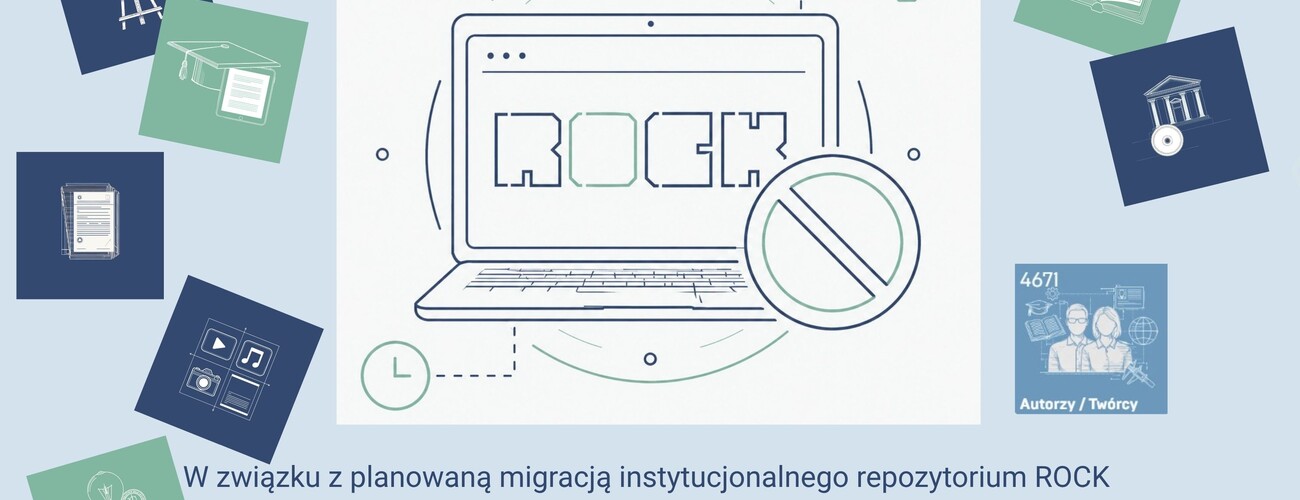 grafika (komputer z logo ROCK, znakiem braku dostepu), w tle ikonki modułów ROCK'a oraz informacja o braku dostepności serwisu