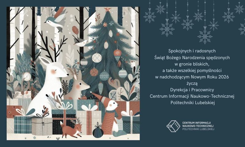 Grafik (choinka, jelonek, prezenty) i życzenia świąteczne