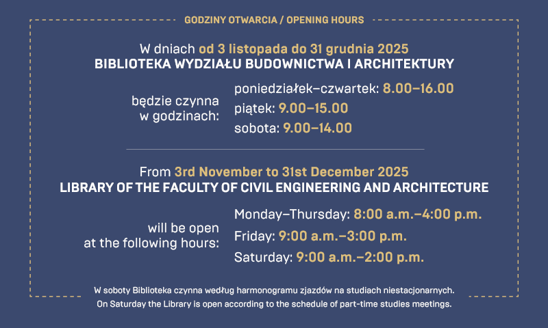 Godziny otwarcia Biblioteki WBiA w dniach 3.11-31.12.2025