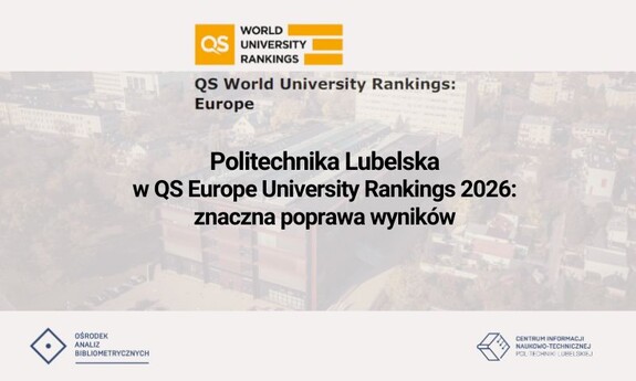 grafika z widokiem kampusu PL w tle, logotypy jednostek CINT oraz rankingu QS i info o pozycji PL