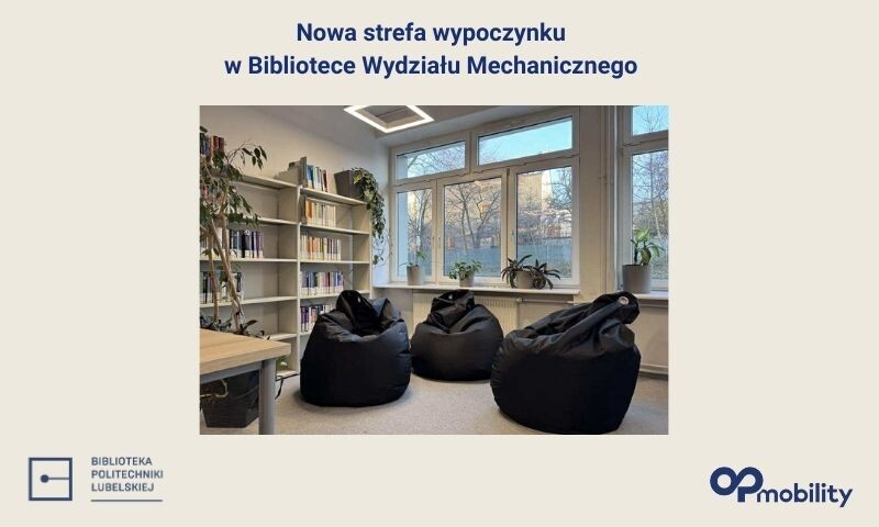 Widok na strefe relaksu w Bibliotece Wydziału Mechanicznego