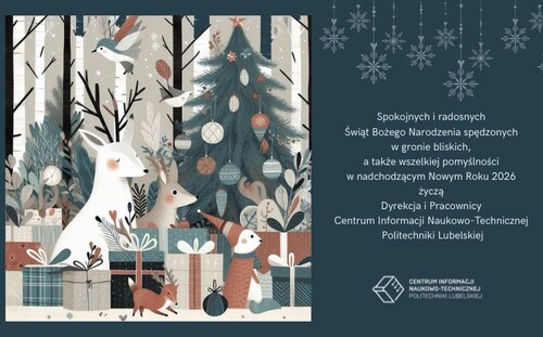 Grafik (choinka, jelonek, prezenty) i życzenia świąteczne