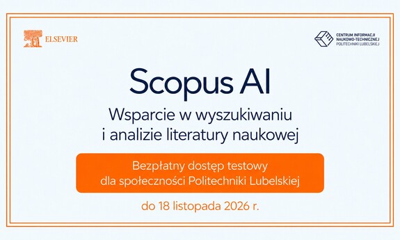 grafika z informacją o bezpłatnym dostępie do Scopus AI, logotypy Elsevier i CINT na górze i dole slajdera, kolorystyka: szaro - pomarańczowa 