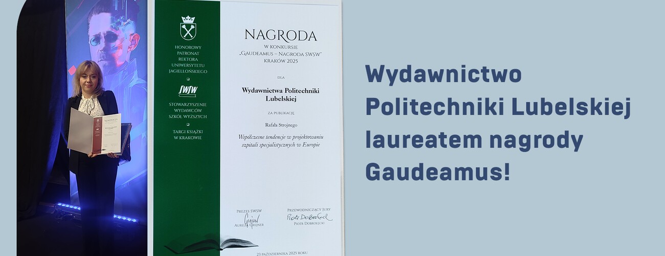 Grafika ze zdjęciem monografii nagrodzonej w konkursie oraz zdjęciem przedstawicielki WPL odbierającej nagrodę